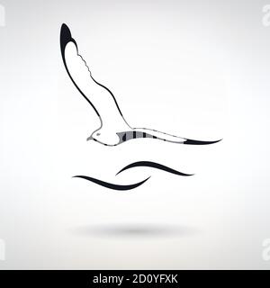 icon seagull on the background of waves on a light background Stock Vector