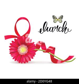 greeting card with March 8 and gerbera on a white background Stock Vector