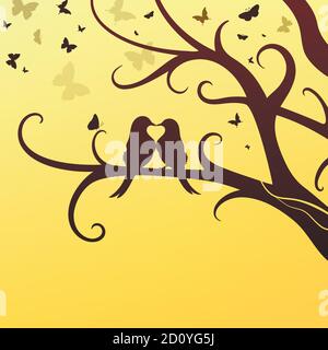 spring romantic birds sit on a tree on a background of a flock of butterflies Stock Vector