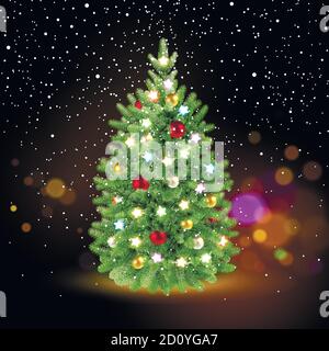 festive christmas tree with falling snowflakes on a dark background Stock Vector