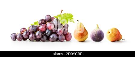 Creative banner made of grape, fig and pears isolated on white background. Healthy eating and dieting food concept. Mix fruits composition and design Stock Photo