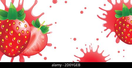 banner with fresh strawberries and splash juice on a white background Stock Vector