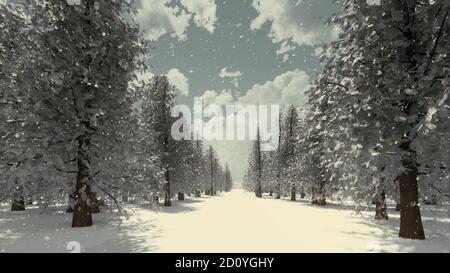 Forest wonderland winter snow landscape 3d rendering Stock Photo