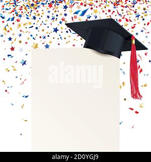 graduate cap and  diploma with multicolored confetti on a white background Stock Vector