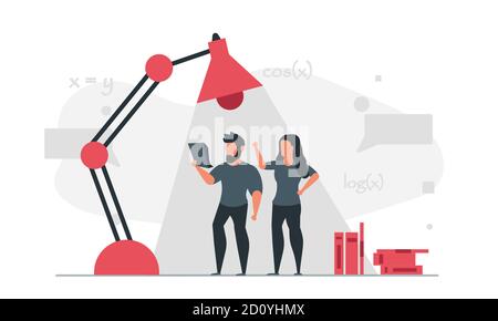 Study of man and woman. Homeschooled people at home learn subjects together. Online knowledge under a big lamp and books concept vector illustration Stock Vector