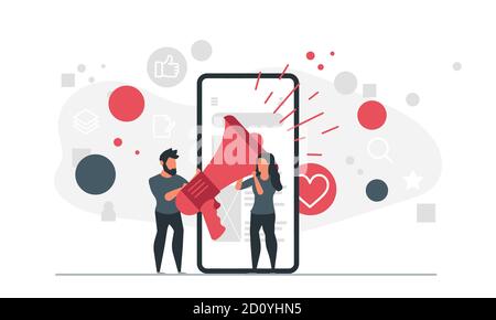 People and Mobile Marketing. A man and a woman with a loudspeaker are standing near a mobile phone. Online product promotion concept vector illustrati Stock Vector