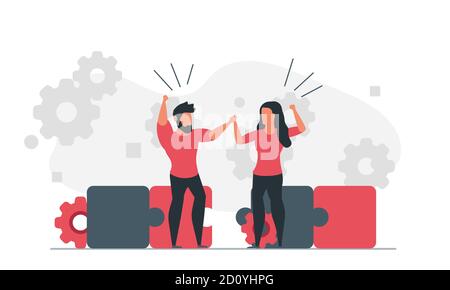 Assemble the puzzle together as a team. People are trying to solve a problem. Man and woman working on solution concept vector illustration Stock Vector