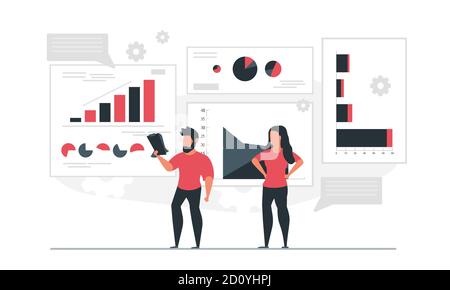 The data inform the man with the notebook and the woman. People analyze graphs and compile statistics. Information report concept vector illustration Stock Vector