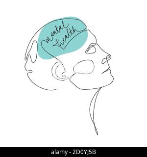 Mental Health For Women. Line Drawing of Human Head With Quote In His Brain. Vector Illustration For Therapist And Psychologist Stock Vector