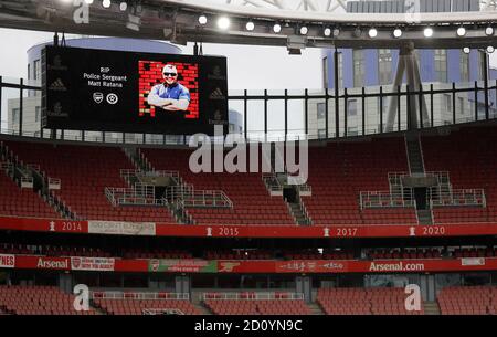 General view of the ground as tributes are paid to local police officer Sergeant Matt Ratana prior to kick-off of the Premier League match at The Emirates Stadium, London. Stock Photo