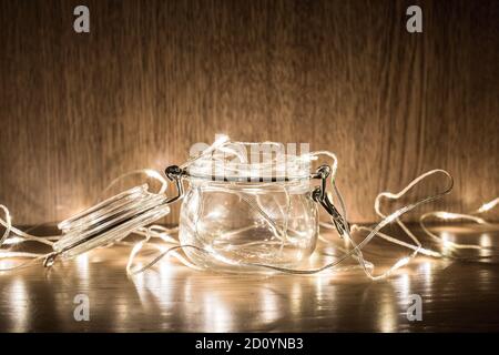 Fairy led lights in a jar with lid Stock Photo