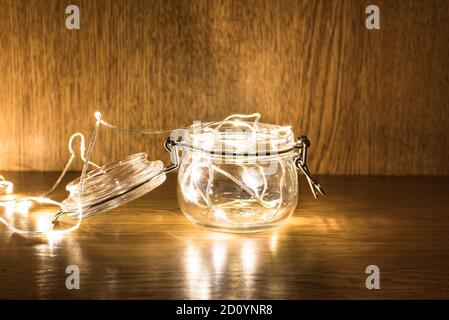 Fairy led lights in a jar with lid Stock Photo