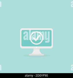 withe computer with ok tick on it. Flat vector simple icon isolated on blue. web shopping illustation. Internet shop symbol. Good for web and mobile d Stock Vector