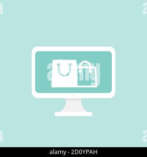 Blue computer with shopping bags on screen. Flat vector simple icon. web shopping illustation. Internet shop symbol. Online store. Home delivery. Good Stock Vector