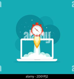 laptop screen with red stopwatch rocket ship flying out. workplace on blue background. freelancer, designer, writer job. Vector flat illustration. Fas Stock Vector