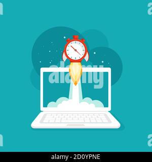 laptop screen with red stopwatch rocket ship flying out. workplace on blue background. freelancer, designer, writer job. Vector flat illustration. Fas Stock Vector