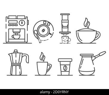 Set of coffee preparation.Ground coffee machine,paper cup package. Stock Vector