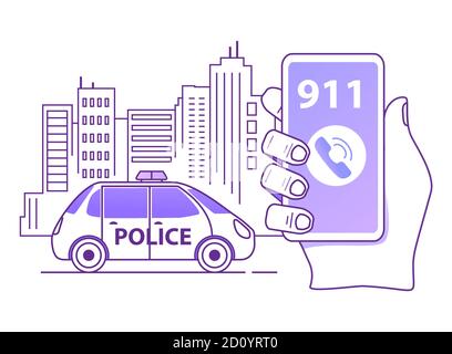 Calling a police patrol car. Hand holds smartphone. Stock Vector