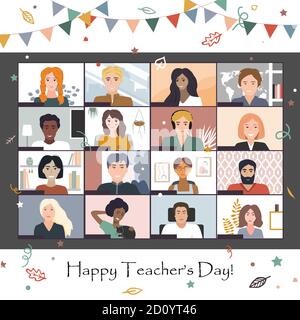Happy Teacher s Day 2020. Online students lesson or meeting. Coronavirus quarantine distance education concept, vector illustration. Studying students Stock Vector
