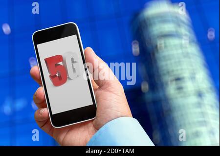 5G network wireless systems and internet of things with modern city skyline. Smart city and communication network concept . Stock Photo