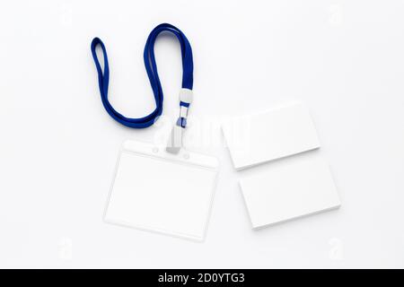 Blank bagde mockup isolated on white background. Nametag with ribbon Stock Photo