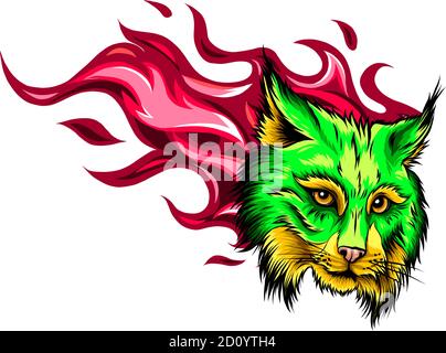 Cartoon illustration of the head of a snarling bobcat facing forwards baring its teeth and staring balefully at the viewer isolated on white Stock Vector