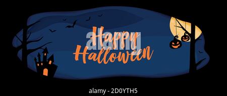 Horizontal Halloween vector blue website banner background with Happy Halloween word and layer border, bat, pumpkin Stock Vector