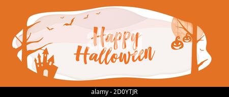 Horizontal vector orange website banner background with Happy Halloween word layer border, bat, pumpkin Stock Vector