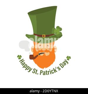 Vector modern flat design icon on Saint Patrick's Day character leprechaun with green hat, red beard, smoking pipe. Stock Vector