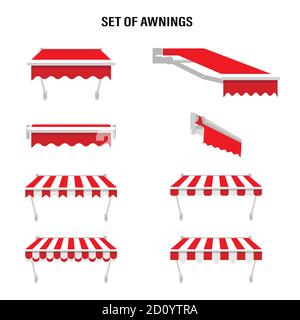 Shop awning tents for window. Outdoor market canopy, vintage store roof. Vector illustration. Stock Vector