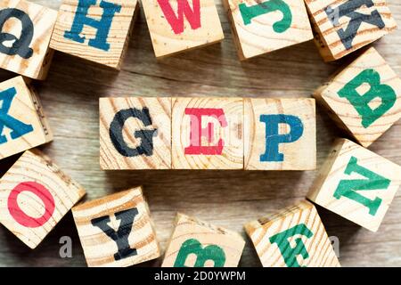 Alphabet letter block in word GEP (abbreviation of good engineering practice) with another on wood background Stock Photo