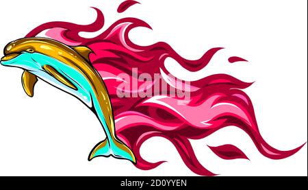 Set of two fiery dolphins. Vector illustrations. Tattoos. Stock Vector