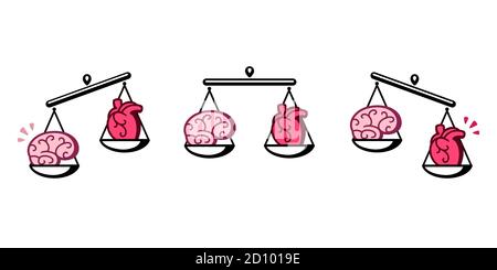 Brain and heart on scales. Balance between logic and emotion, thinking and feeling. Isolated vector clip art illustration. Stock Vector