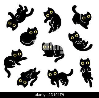 Cute cartoon black cat drawing set. Hand drawn kitty doodles in different poses. Simple kawaii style vector clip art illustration. Stock Vector