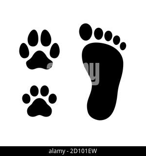 Human foot with dog and cat paw print symbol. Simple cartoon silhouette icon set, logo design elements. Black and white isolated vector clip art illus Stock Vector