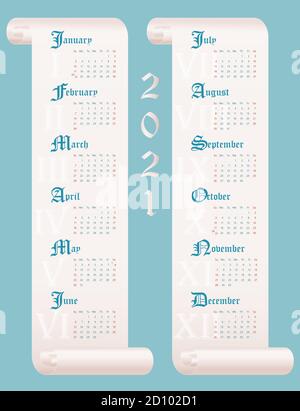 2021 Calendar Template. 12 months on parchments. Vector editable template 10 EPS. Vertical poster, banner, web Stock Vector
