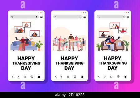 set mix race people celebrating happy thanksgiving day family discussing during video call online communication self isolation concept smartphone screens collection horizontal vector illustration Stock Vector