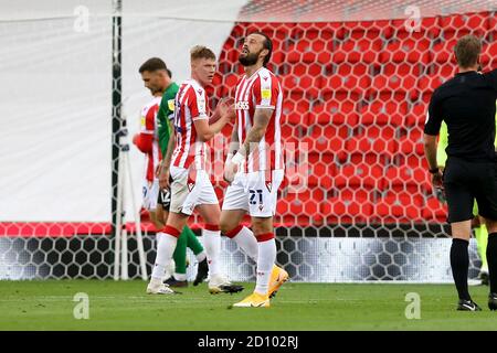 Stoke On Trent, UK. 04th Oct, 2020. Steven Fletcher of Stoke City reacts after hitting the post from a free-kick. EFL Skybet championship match, Stoke City v Birmingham City at the Bet365 stadium in Stoke on Trent on Sunday 4th October 2020. this image may only be used for Editorial purposes. Editorial use only, license required for commercial use. No use in betting, games or a single club/league/player publications. pic by Chris Stading/Andrew Orchard sports photography/Alamy Live news Credit: Andrew Orchard sports photography/Alamy Live News Stock Photo