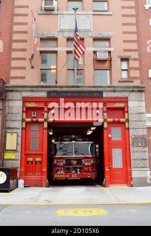 NEW YORK, USA - MAY 10, 2019: Exterior of FDNY Squad 18 building at 132 West 10th Street on May 10, 2019. The New York Fire Department fire truck stan Stock Photo