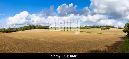 Panoramic view of a harrowed field in arable farmland after harvest in unspoilt rural Wiltshire countryside, Great Bedwyn, Wiltshire, in early autumn