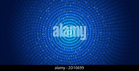 Abstract horizontal banner web template circles pattern connections dots and glowing particles blue background. Technology futuristic concept. Vector Stock Vector