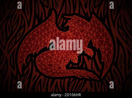 Beautiful abstract fantasy illustration with red dragon silhouette on flaming background Stock Vector