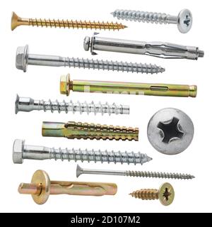 Large set of various screws, bolts and dowels isolated on a white background Stock Photo