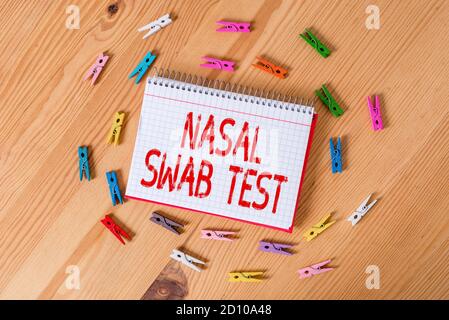 Handwriting text writing Nasal Swab Test. Conceptual photo diagnosing an upper respiratory tract infection through nasal secretion Colored clothespin Stock Photo