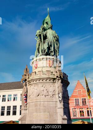 Statue of Jan Breydel and Pieter de Coninck on Markt square. Belgium Bruges Brugge Stock Photo