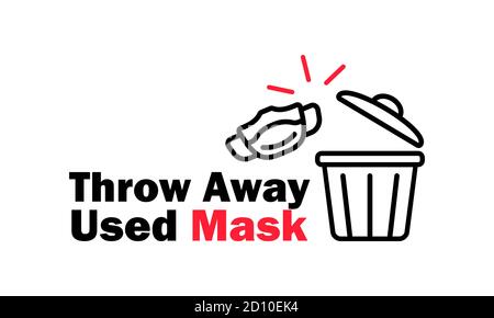 Throw away used medical mask icon in black. Covid 19. Pandemic. Health care concept. Vector on isolated white background. EPS 10 Stock Vector