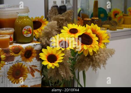 Decorative sunflowers in a floor vase Stock Photo