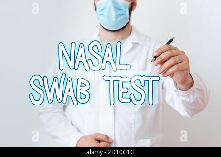 Writing note showing Nasal Swab Test. Business concept for diagnosing an upper respiratory tract infection through nasal secretion Laboratory Technici Stock Photo