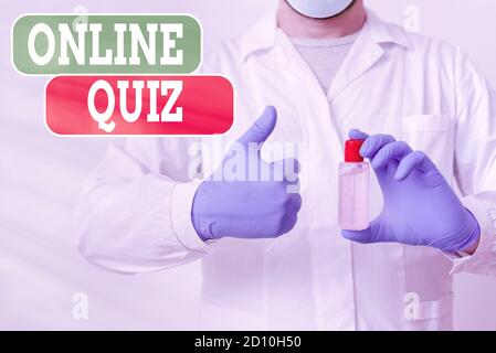 Writing note showing Online Quiz. Business concept for game or a mind sport that are published on the Internet Laboratory Blood Test Sample Shown For Stock Photo