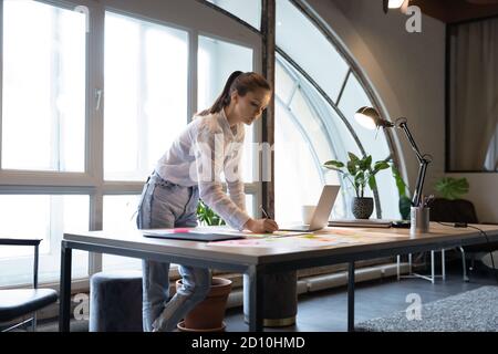 Concentrated young caucasian female executive preparing documents. Stock Photo